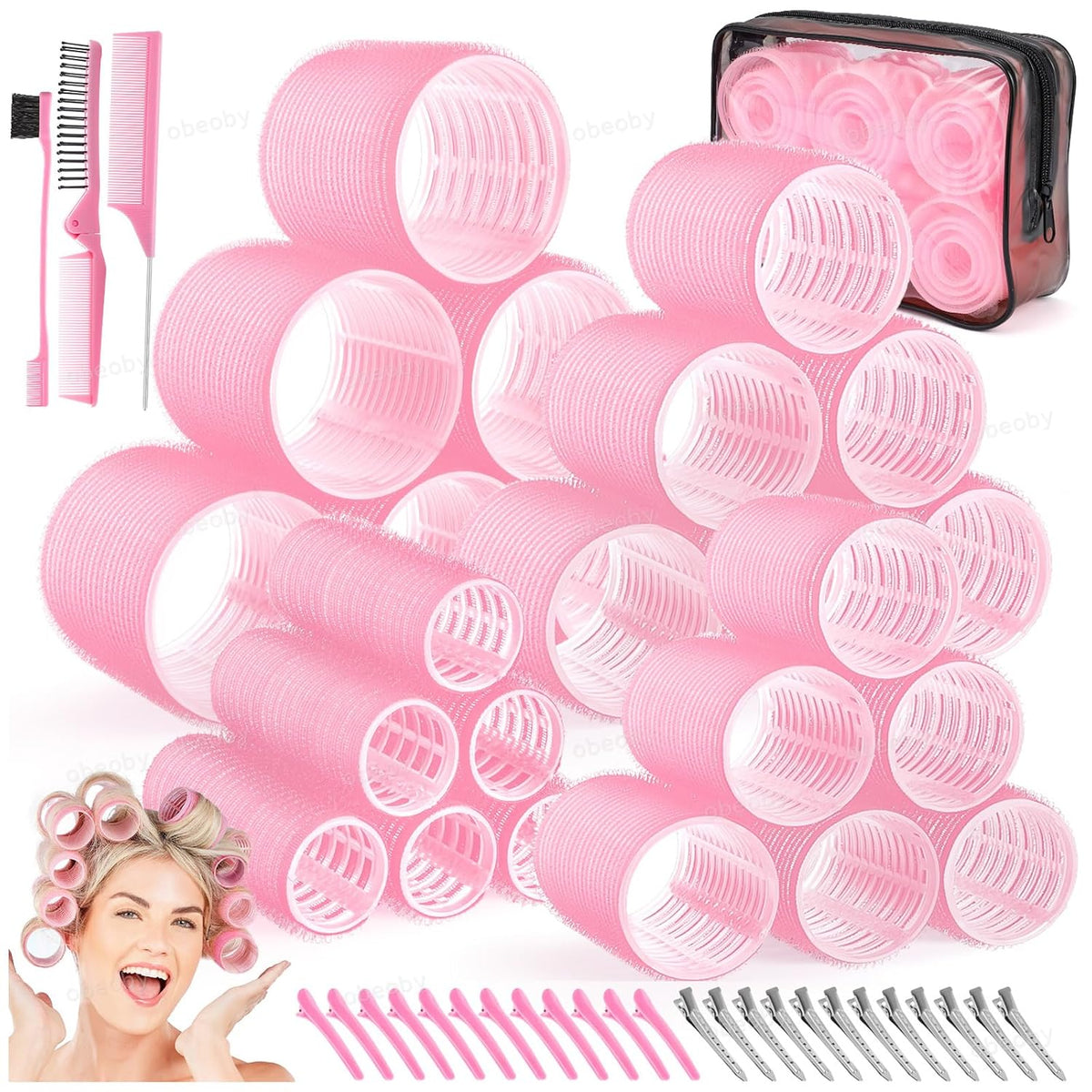 obeoby 4 Sizes Self-Grip Hair Rollers Curlers Set for Women Girls, Pink
