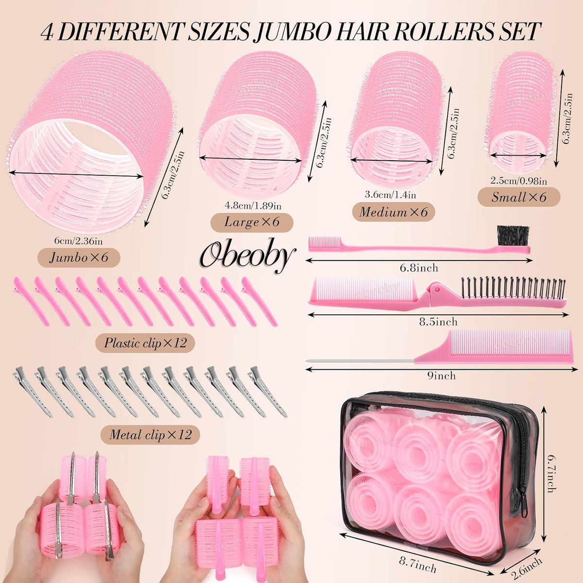 obeoby 4 Sizes Self-Grip Hair Rollers Curlers Set for Women Girls, Pink