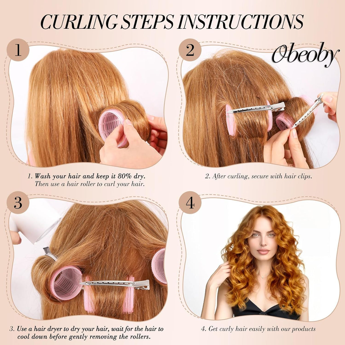obeoby 4 Sizes Self-Grip Hair Rollers Curlers Set for Women Girls, Pink