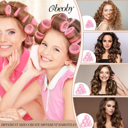 obeoby 4 Sizes Self-Grip Hair Rollers Curlers Set for Women Girls, Pink