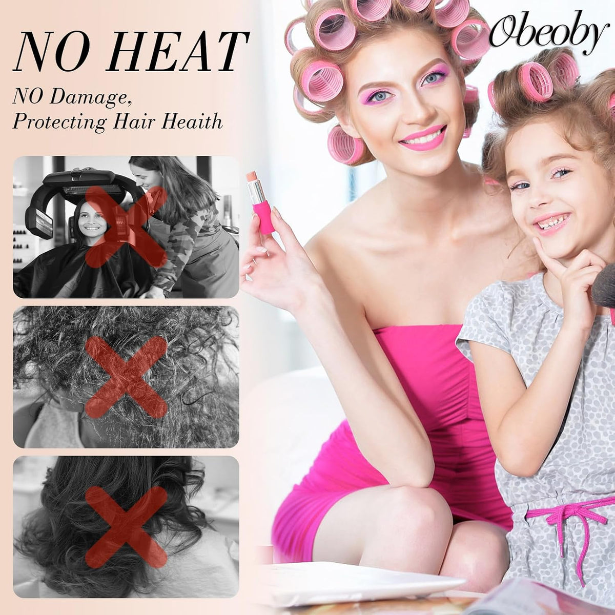 obeoby 4 Sizes Self-Grip Hair Rollers Curlers Set for Women Girls, Pink