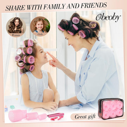 obeoby 4 Sizes Self-Grip Hair Rollers Curlers Set for Women Girls, Pink