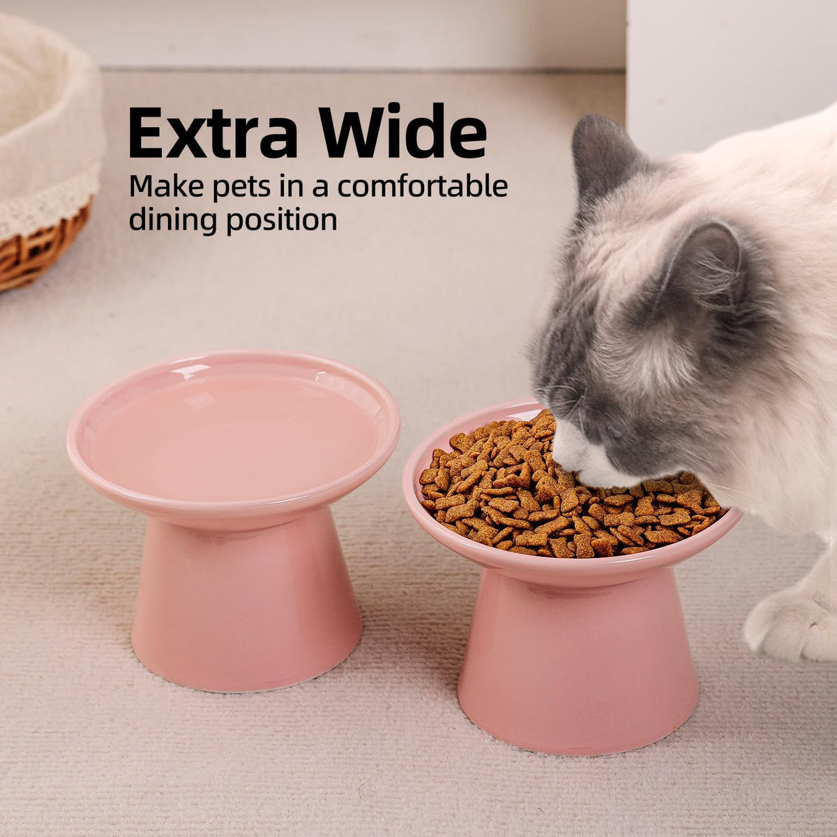 Ceramic Elevated Cat Food Bowls,6.2" Wide,2-Pack,Pink
