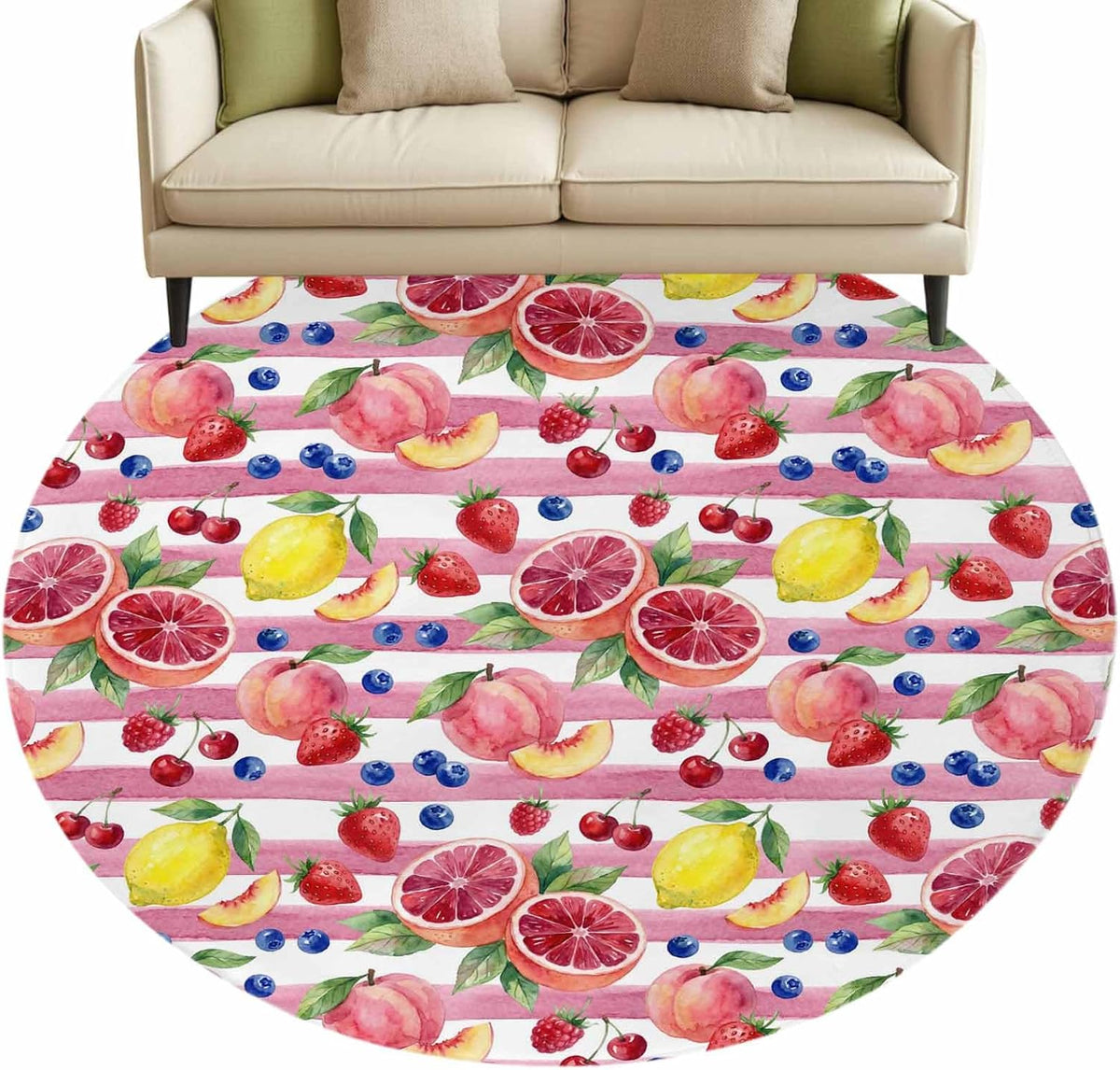 Round Area Rug Fluffy Carpet,8ft Summer Peach Lemon Grapefruit Soft Shaggy Circle Rugs Non-Slip Accent Floor Mat for Living Room Bedroom Nursery Office Decor,Blueberry Strawberry Pink Stripe