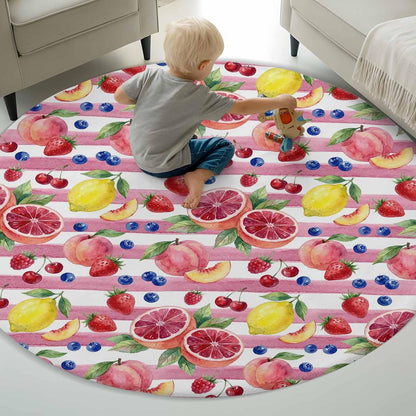 Round Area Rug Fluffy Carpet,8ft Summer Peach Lemon Grapefruit Soft Shaggy Circle Rugs Non-Slip Accent Floor Mat for Living Room Bedroom Nursery Office Decor,Blueberry Strawberry Pink Stripe