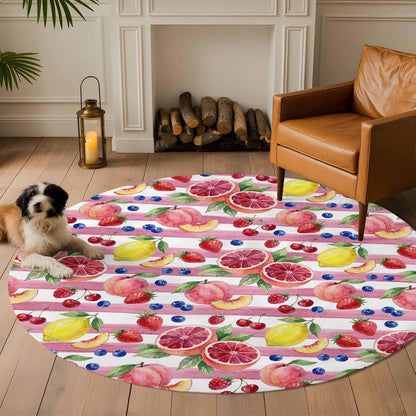 Round Area Rug Fluffy Carpet,8ft Summer Peach Lemon Grapefruit Soft Shaggy Circle Rugs Non-Slip Accent Floor Mat for Living Room Bedroom Nursery Office Decor,Blueberry Strawberry Pink Stripe