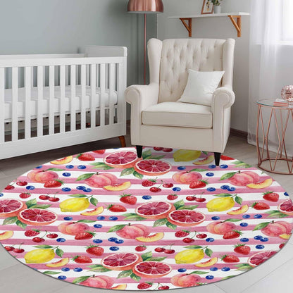 Round Area Rug Fluffy Carpet,8ft Summer Peach Lemon Grapefruit Soft Shaggy Circle Rugs Non-Slip Accent Floor Mat for Living Room Bedroom Nursery Office Decor,Blueberry Strawberry Pink Stripe