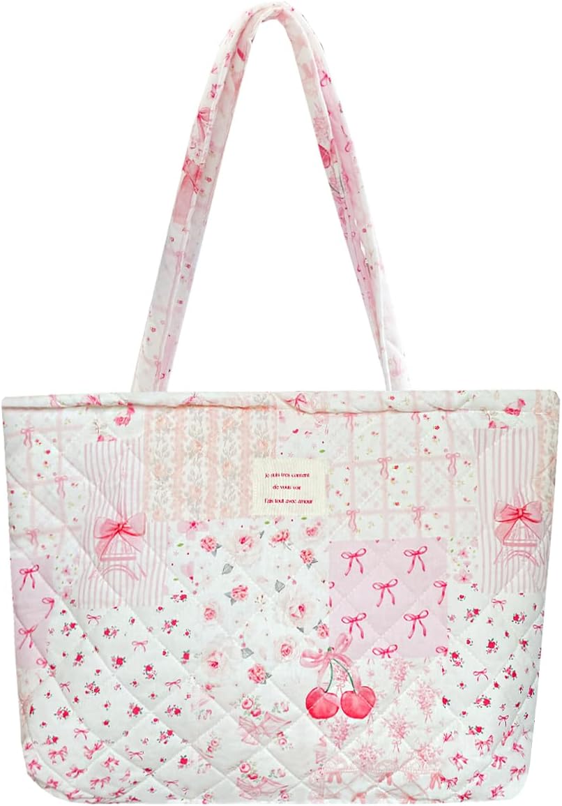 Small Floral Quilted Tote Bag with Zipper Closure for Women Girls