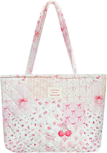 Small Floral Quilted Tote Bag with Zipper Closure for Women Girls