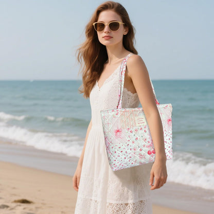 Small Floral Quilted Tote Bag with Zipper Closure for Women Girls