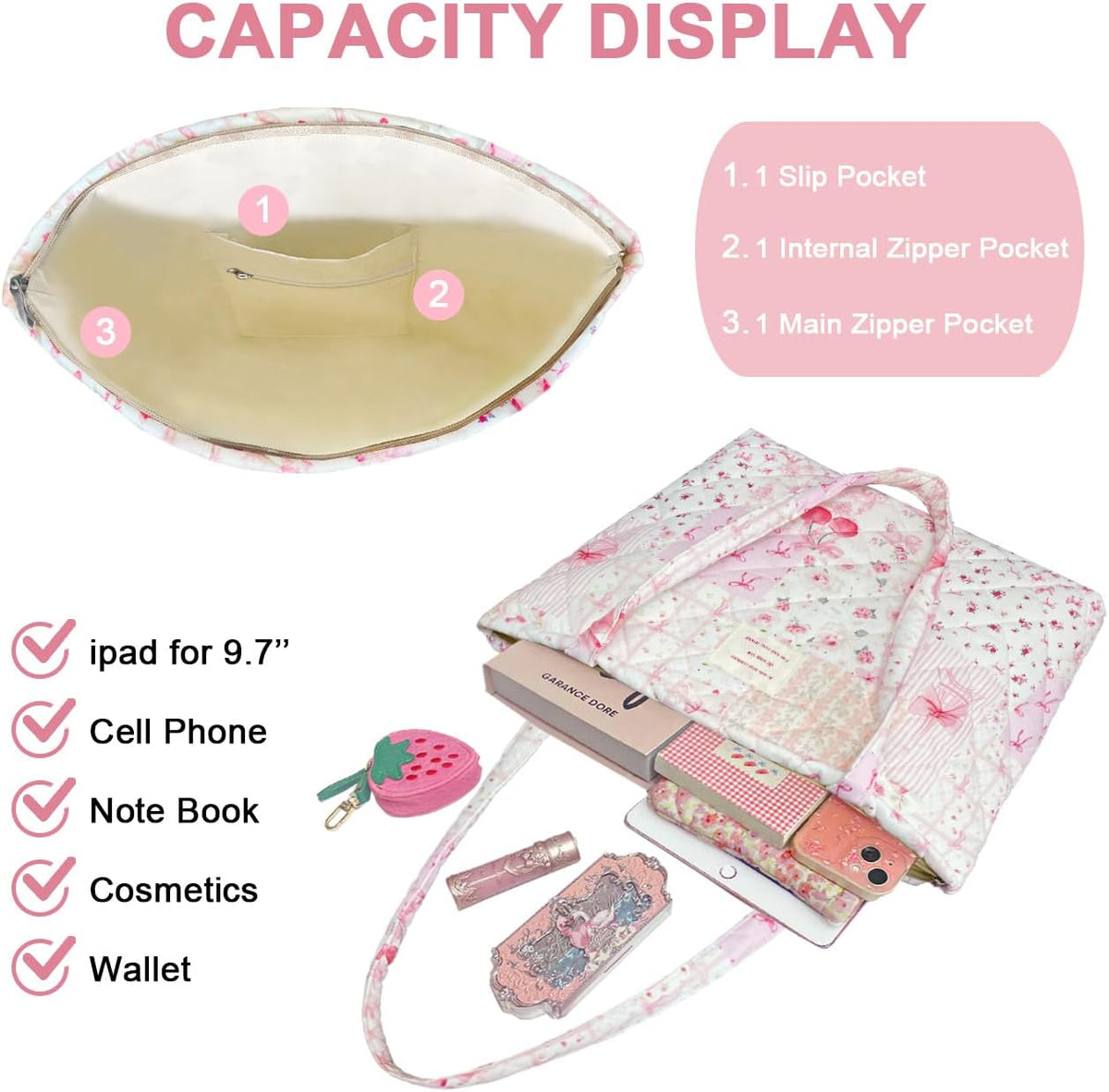 Small Floral Quilted Tote Bag with Zipper Closure for Women Girls