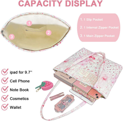 Small Floral Quilted Tote Bag with Zipper Closure for Women Girls