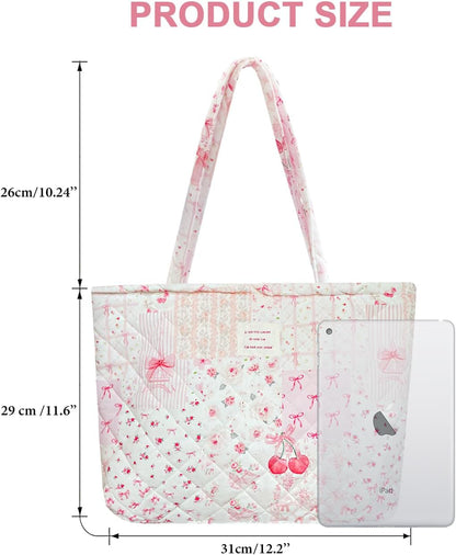 Small Floral Quilted Tote Bag with Zipper Closure for Women Girls