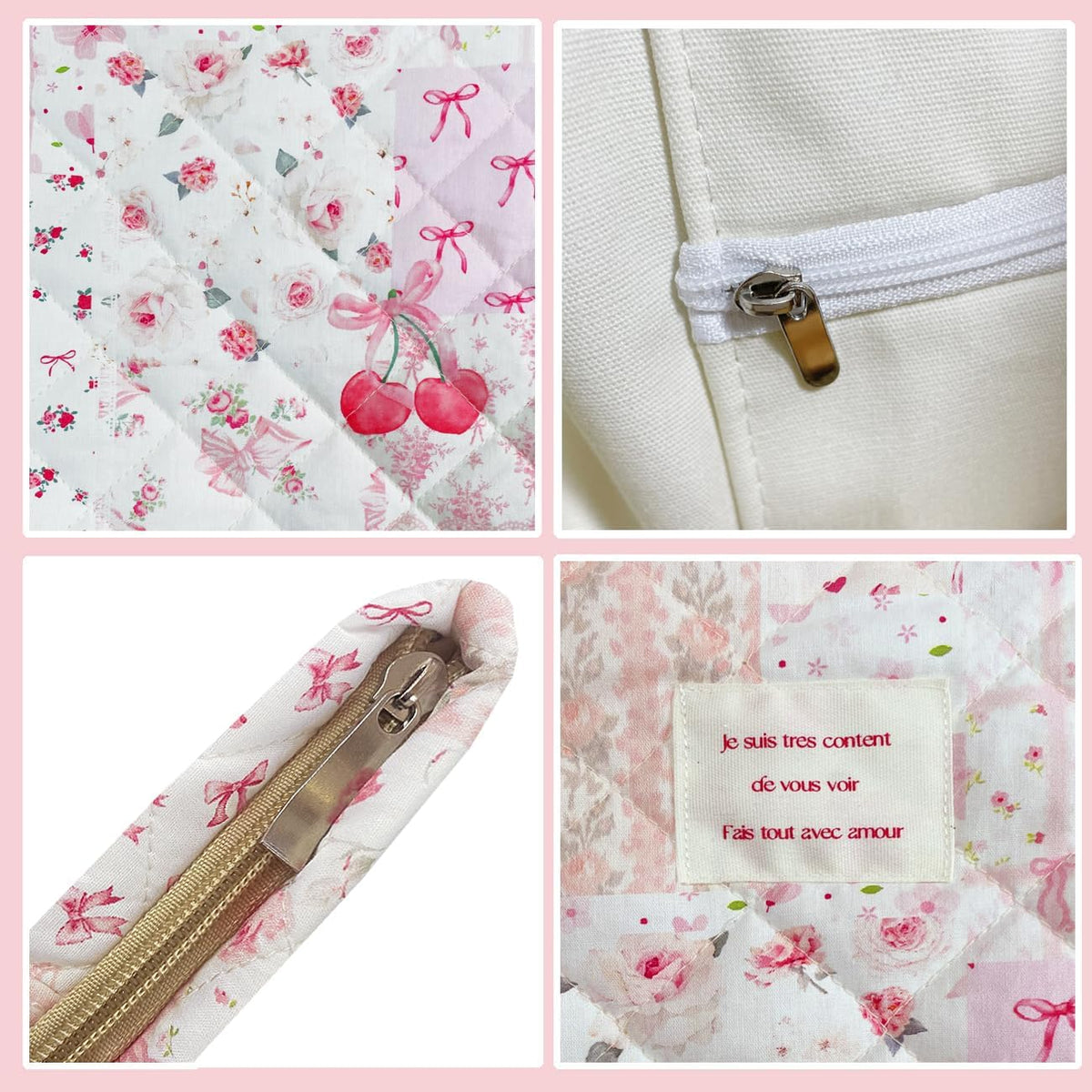 Small Floral Quilted Tote Bag with Zipper Closure for Women Girls