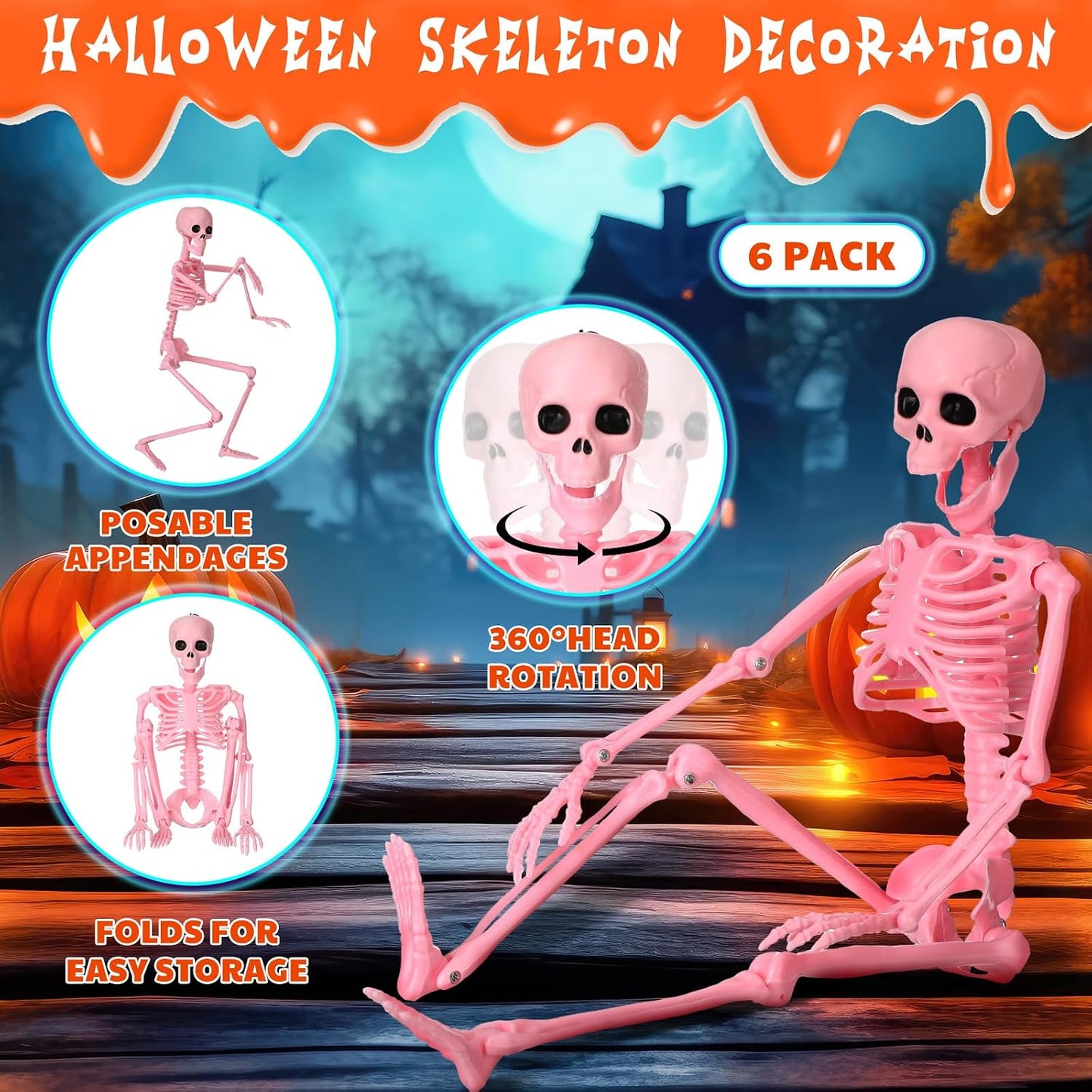 6 Pack Halloween Pink Skeleton 16" Posable Hanging Decorations