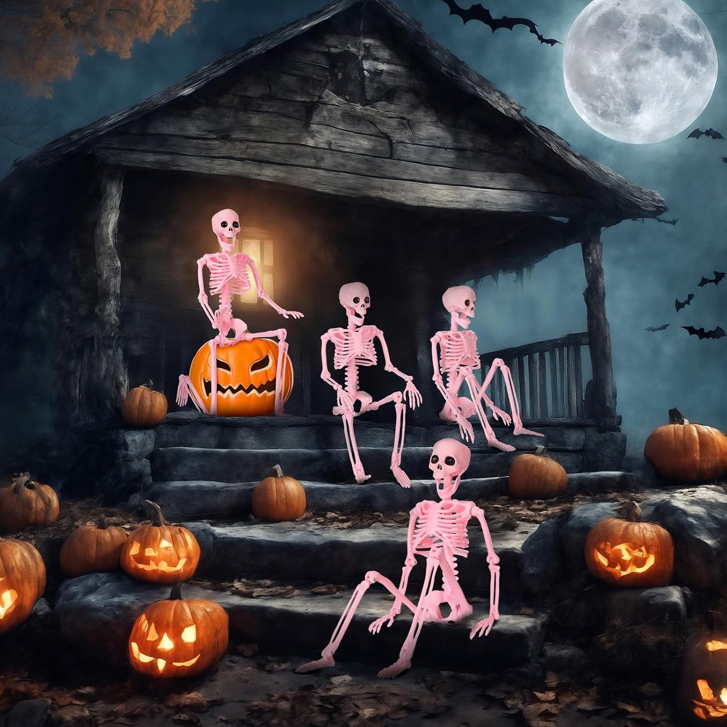 6 Pack Halloween Pink Skeleton 16" Posable Hanging Decorations