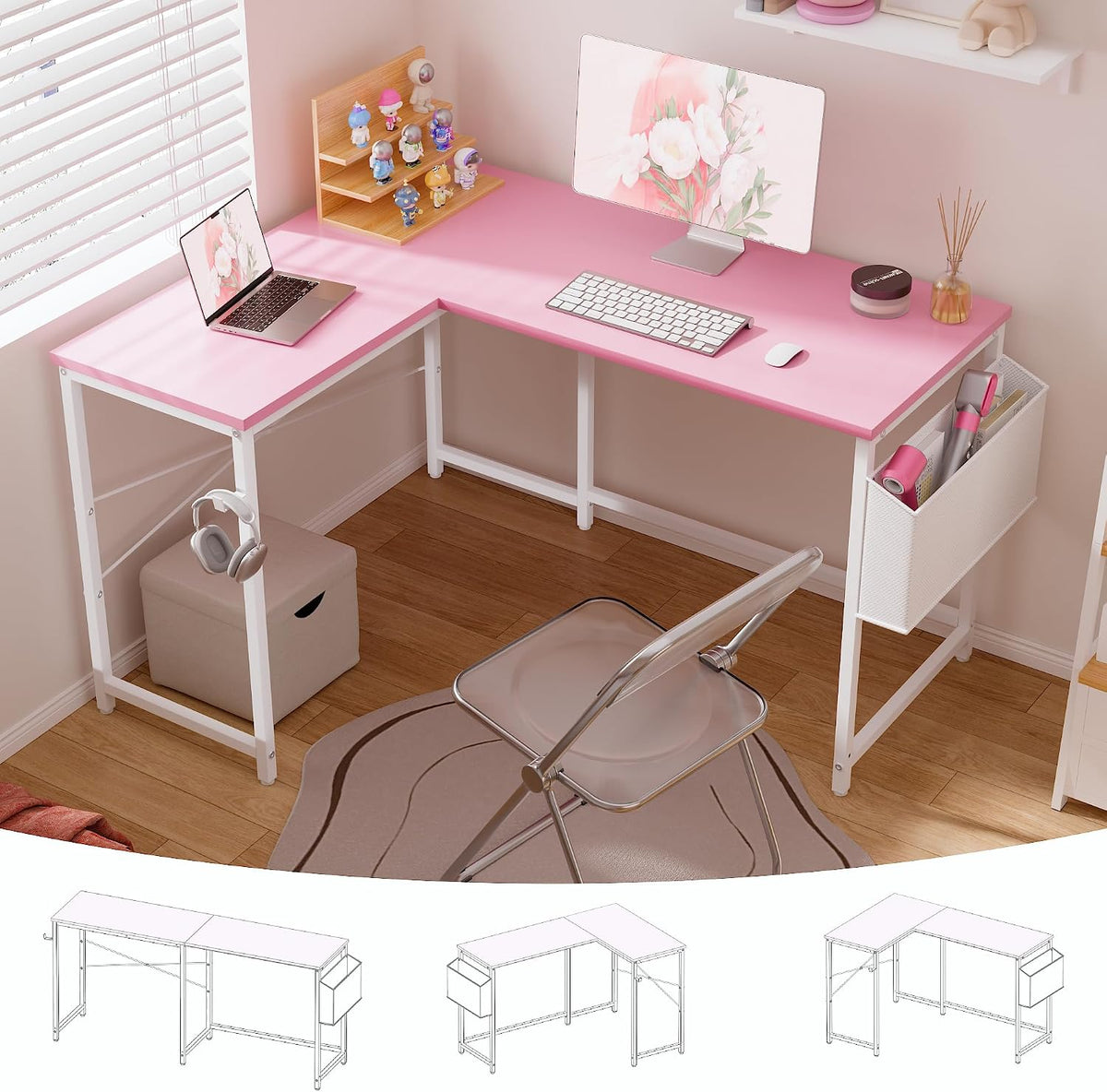 47 Inch Reversible L Shaped Gaming Desk Corner Computer Desk with Storage Bag Home Office Table for Writing Study Pink