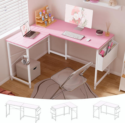 47 Inch Reversible L Shaped Gaming Desk Corner Computer Desk with Storage Bag Home Office Table for Writing Study Pink
