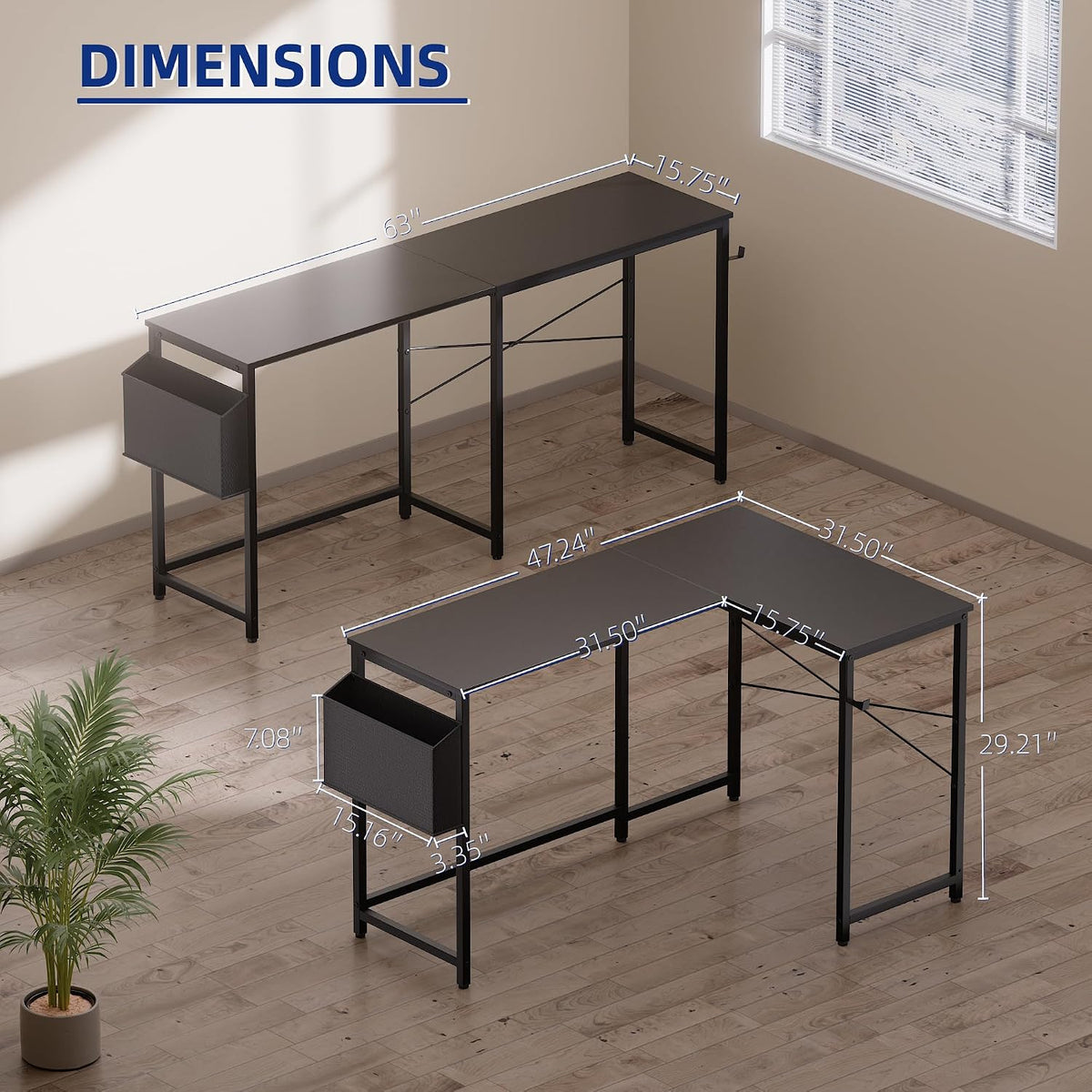 47 Inch Reversible L Shaped Gaming Desk Corner Computer Desk with Storage Bag Home Office Table for Writing Study Pink