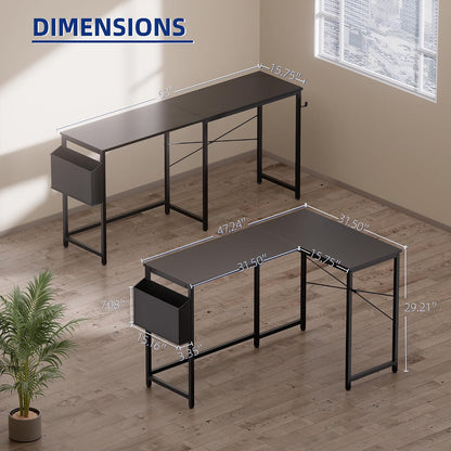47 Inch Reversible L Shaped Gaming Desk Corner Computer Desk with Storage Bag Home Office Table for Writing Study Pink
