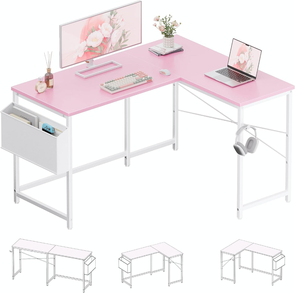 47 Inch Reversible L Shaped Gaming Desk Corner Computer Desk with Storage Bag Home Office Table for Writing Study Pink