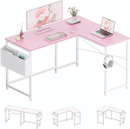 47 Inch Reversible L Shaped Gaming Desk Corner Computer Desk with Storage Bag Home Office Table for Writing Study Pink