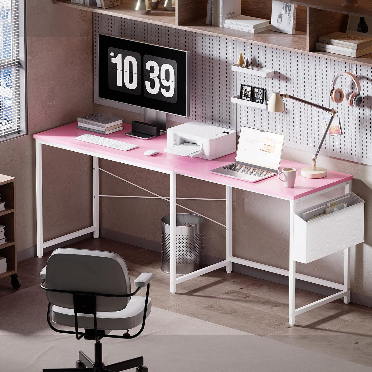 47 Inch Reversible L Shaped Gaming Desk Corner Computer Desk with Storage Bag Home Office Table for Writing Study Pink