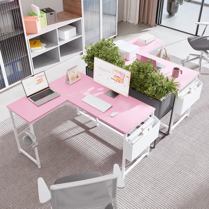 47 Inch Reversible L Shaped Gaming Desk Corner Computer Desk with Storage Bag Home Office Table for Writing Study Pink