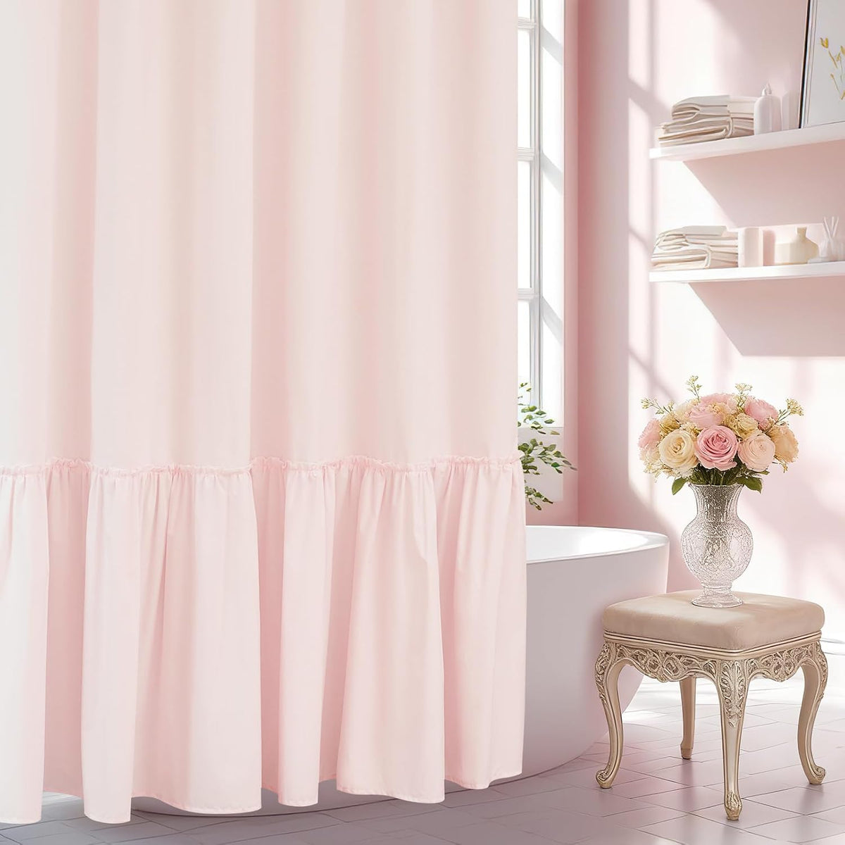 Baby Pink Ruffle Shower Curtain with Waterproof TPU Backed, Soft Microfiber Lovely French Ruched Shower Curtain, 72 x 72 Inch Bathroom 2 in 1 Washable Fabric Shower Curtain with TPU Lining