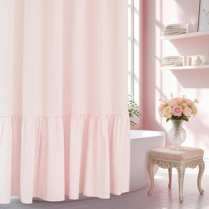 Baby Pink Ruffle Shower Curtain with Waterproof TPU Backed, Soft Microfiber Lovely French Ruched Shower Curtain, 72 x 72 Inch Bathroom 2 in 1 Washable Fabric Shower Curtain with TPU Lining