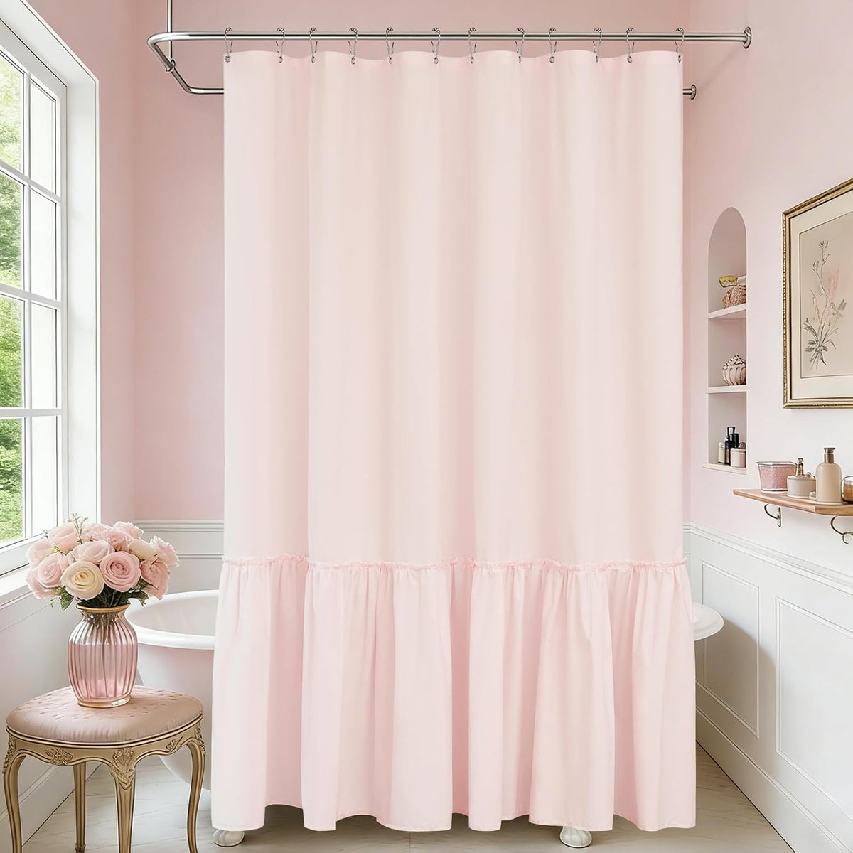 Baby Pink Ruffle Shower Curtain with Waterproof TPU Backed, Soft Microfiber Lovely French Ruched Shower Curtain, 72 x 72 Inch Bathroom 2 in 1 Washable Fabric Shower Curtain with TPU Lining