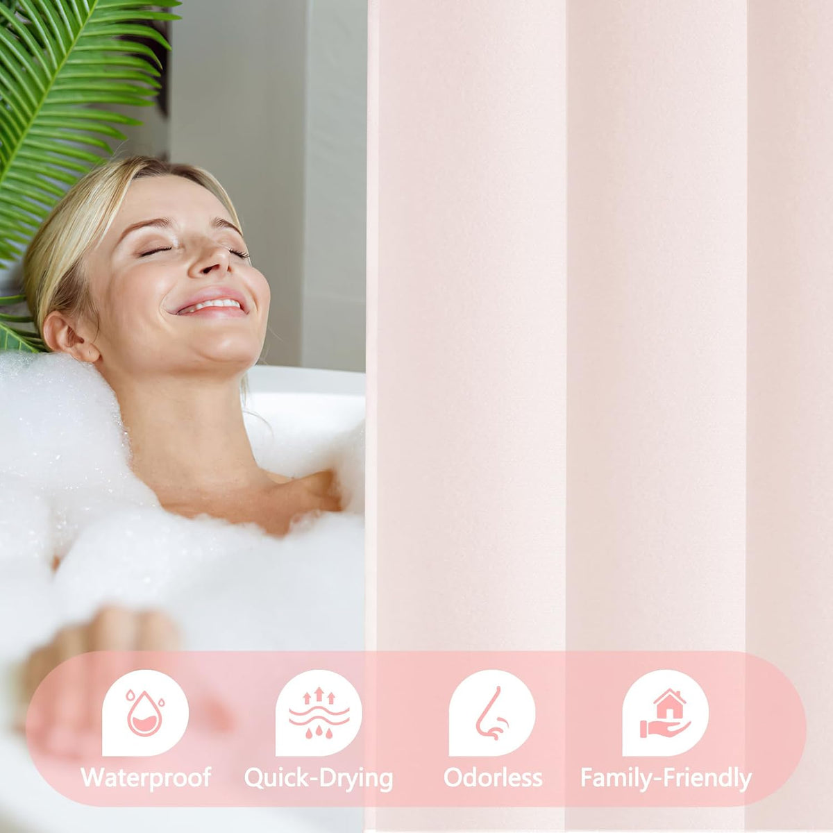 Baby Pink Ruffle Shower Curtain with Waterproof TPU Backed, Soft Microfiber Lovely French Ruched Shower Curtain, 72 x 72 Inch Bathroom 2 in 1 Washable Fabric Shower Curtain with TPU Lining