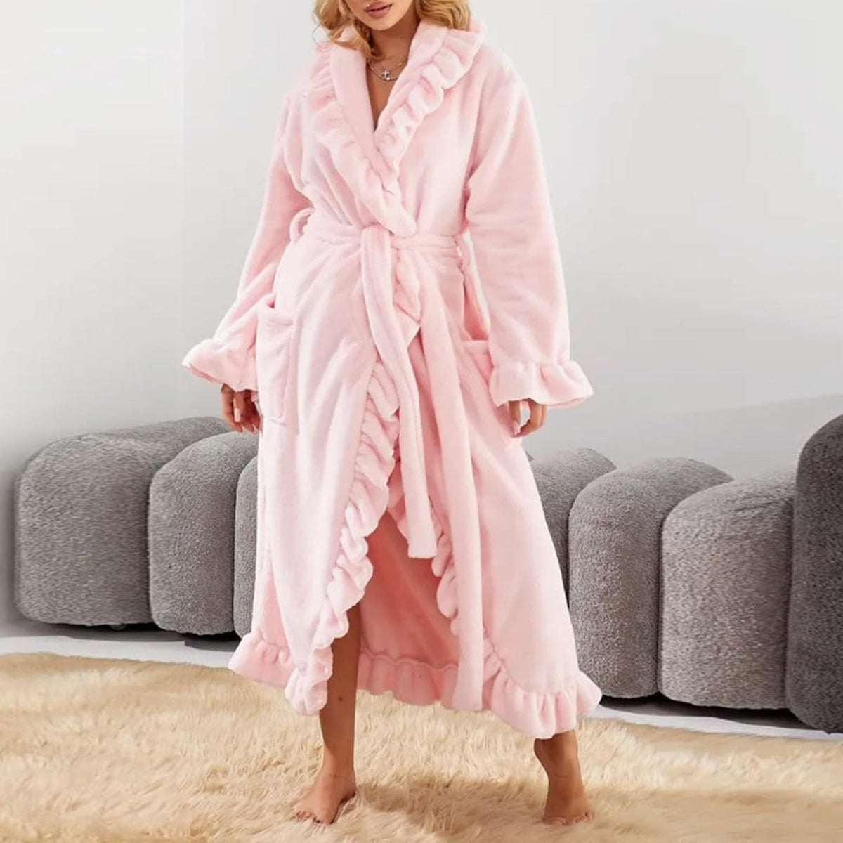 Women's Ultra Soft Ruffle Ankle-Length Fleece Robe Thickened Ruffle Trim Fashion Sleepwear Robes with Side Pockets