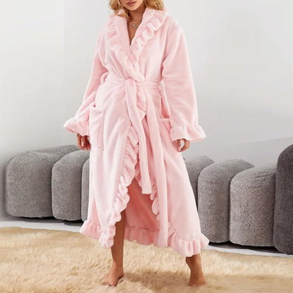 Women's Ultra Soft Ruffle Ankle-Length Fleece Robe Thickened Ruffle Trim Fashion Sleepwear Robes with Side Pockets