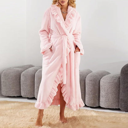 Women's Ultra Soft Ruffle Ankle-Length Fleece Robe Thickened Ruffle Trim Fashion Sleepwear Robes with Side Pockets