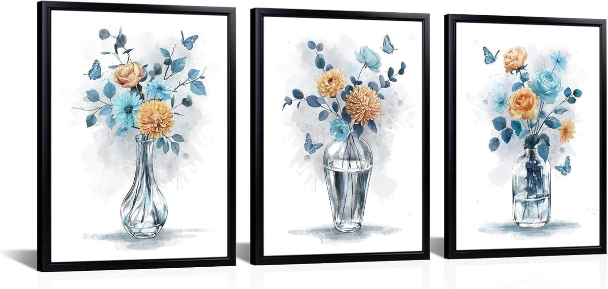 Floral Wall Art Blue and Peach Flowers in Vase Prints Framed Paintings for Living Room Bedroom Bathroom 12" W x 16" H x 3PCS