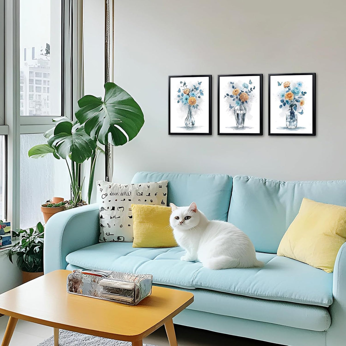 Floral Wall Art Blue and Peach Flowers in Vase Prints Framed Paintings for Living Room Bedroom Bathroom 12" W x 16" H x 3PCS