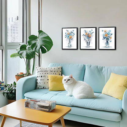Floral Wall Art Blue and Peach Flowers in Vase Prints Framed Paintings for Living Room Bedroom Bathroom 12" W x 16" H x 3PCS