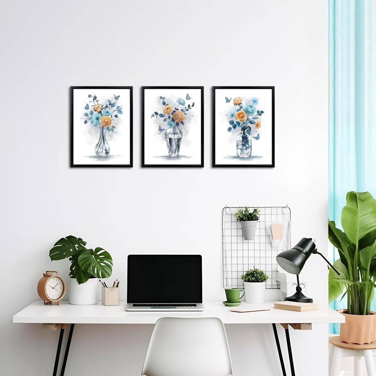 Floral Wall Art Blue and Peach Flowers in Vase Prints Framed Paintings for Living Room Bedroom Bathroom 12" W x 16" H x 3PCS