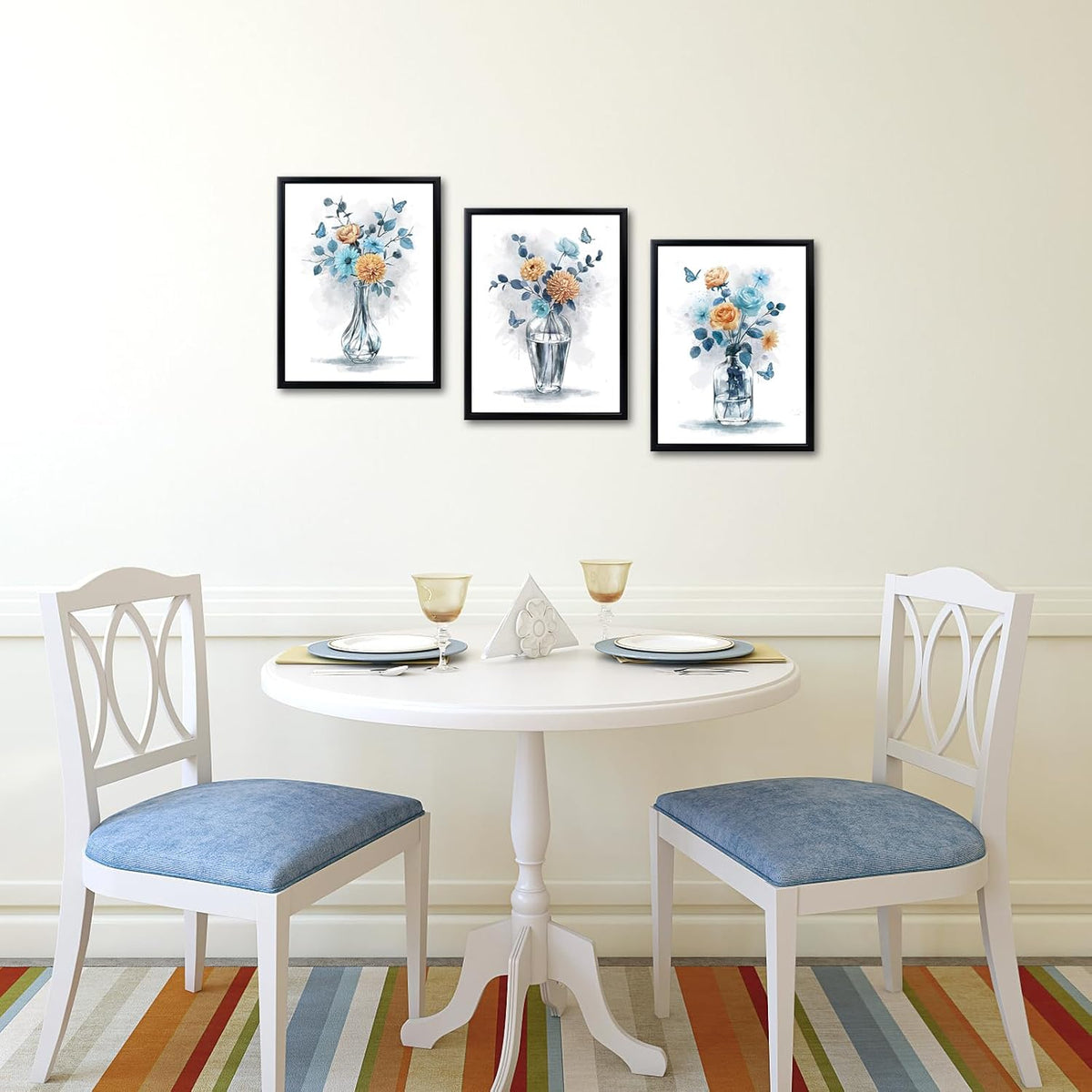 Floral Wall Art Blue and Peach Flowers in Vase Prints Framed Paintings for Living Room Bedroom Bathroom 12" W x 16" H x 3PCS
