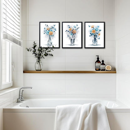 Floral Wall Art Blue and Peach Flowers in Vase Prints Framed Paintings for Living Room Bedroom Bathroom 12" W x 16" H x 3PCS