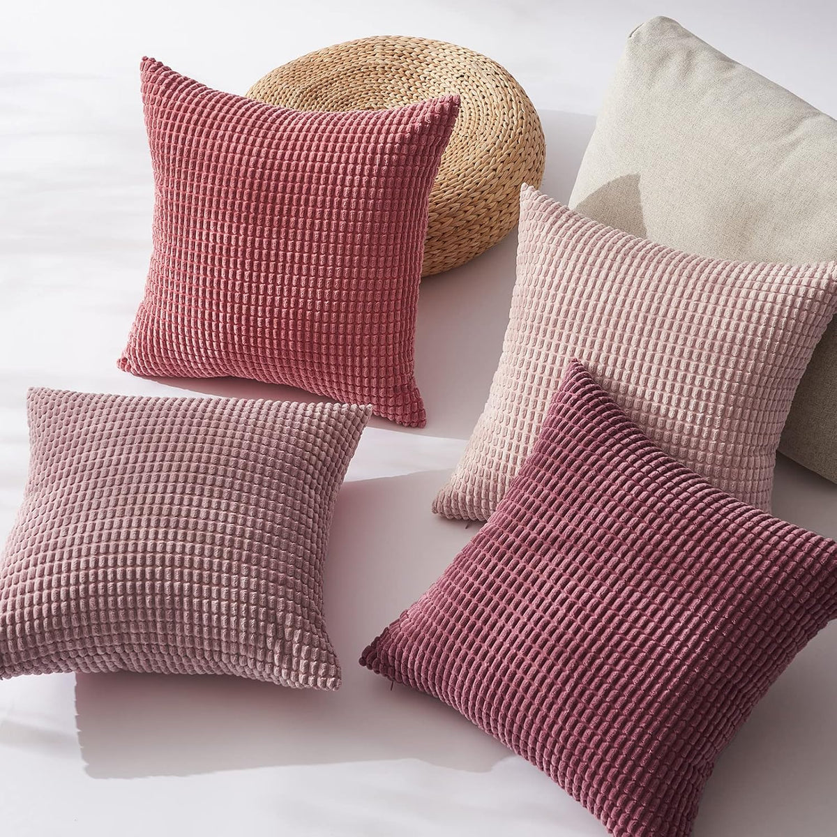 4 Packs Pink Decorative Throw Pillow Covers 24x24 Inch for Living Room Couch Bed Sofa, Boho Western Farmhouse Home Decor, Square Soft Moss Corduroy Fall Cushion Case 60x60 cm