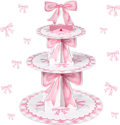 3 Tier Pink Bow Cake Stand Coquette Bow Party Birthday Cake Stand Decorations Pink Dessert Tower for Wedding Garden Birthday Party Supplies