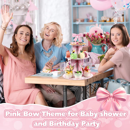 3 Tier Pink Bow Cake Stand Coquette Bow Party Birthday Cake Stand Decorations Pink Dessert Tower for Wedding Garden Birthday Party Supplies