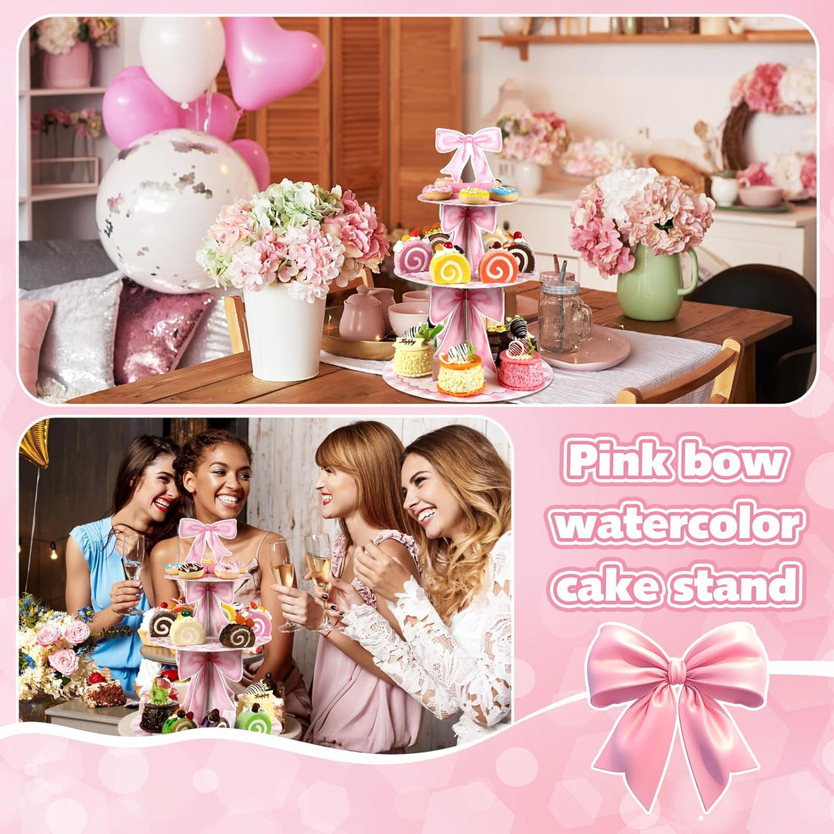 3 Tier Pink Bow Cake Stand Coquette Bow Party Birthday Cake Stand Decorations Pink Dessert Tower for Wedding Garden Birthday Party Supplies