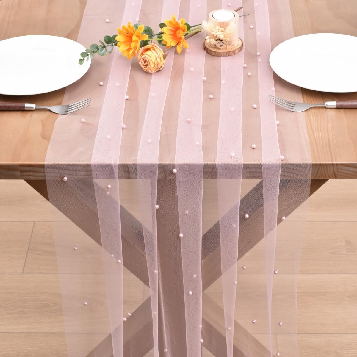 Pearl Table Runner Boho Rustic Tulle Lace Bridal Shower Beaded Table Decor