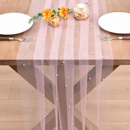 Pearl Table Runner Boho Rustic Tulle Lace Bridal Shower Beaded Table Decor