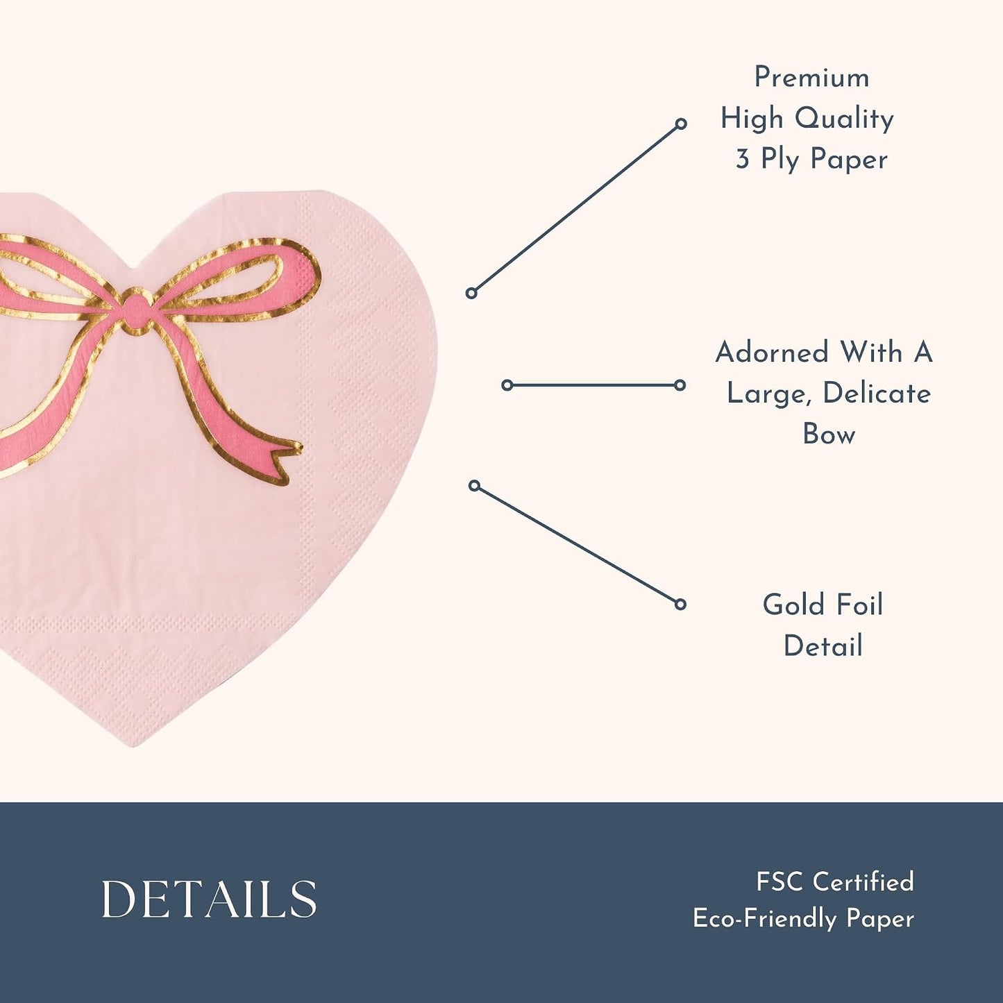 Light Pink Signature Bow Heart Large Paper Napkins | 3-Ply Valentine’s Day Tableware | Premium Table Décor | Gold Foil Bow Design | Pack of 20, 6.5" Folded