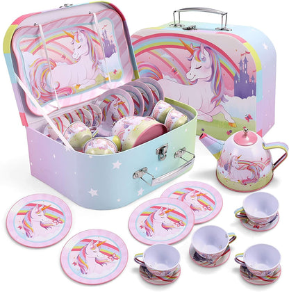 Unicorn Tea Party Set for Little Girls, Pretend Pink Tin Teapot Set, Princess Tea Time Play Kitchen Toy with Teapot, Cup, Plate, Carrying Case for Kids Age 3 4 5 6, Easter Birthday Gift