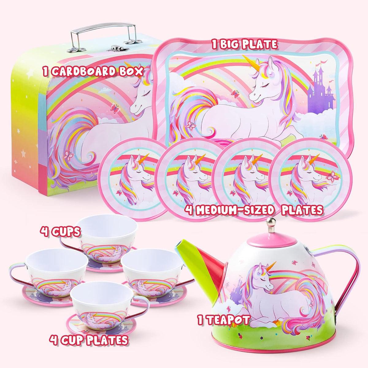 Unicorn Tea Party Set for Little Girls, Pretend Pink Tin Teapot Set, Princess Tea Time Play Kitchen Toy with Teapot, Cup, Plate, Carrying Case for Kids Age 3 4 5 6, Easter Birthday Gift